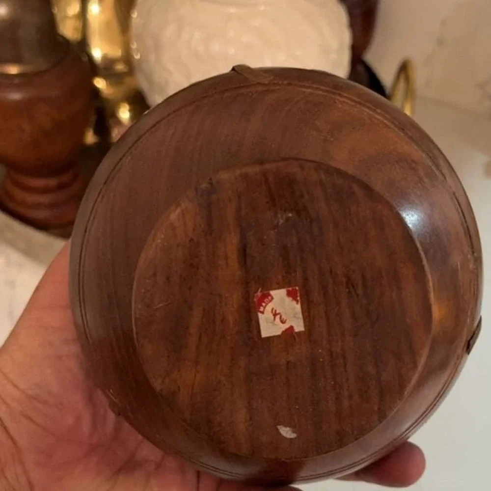 Vintage Handcrafted Wood and Brass Inlay Floral Vase
